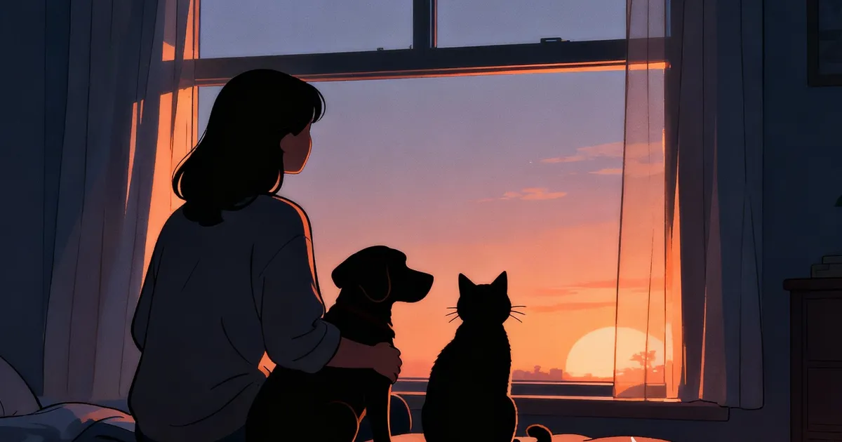 강아지와 고양이와 함께 있는 여성의 모습