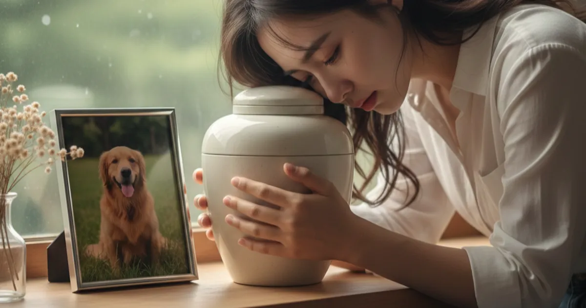 강아지 죽으면 처리 장례 후 유골함을 든 장면
