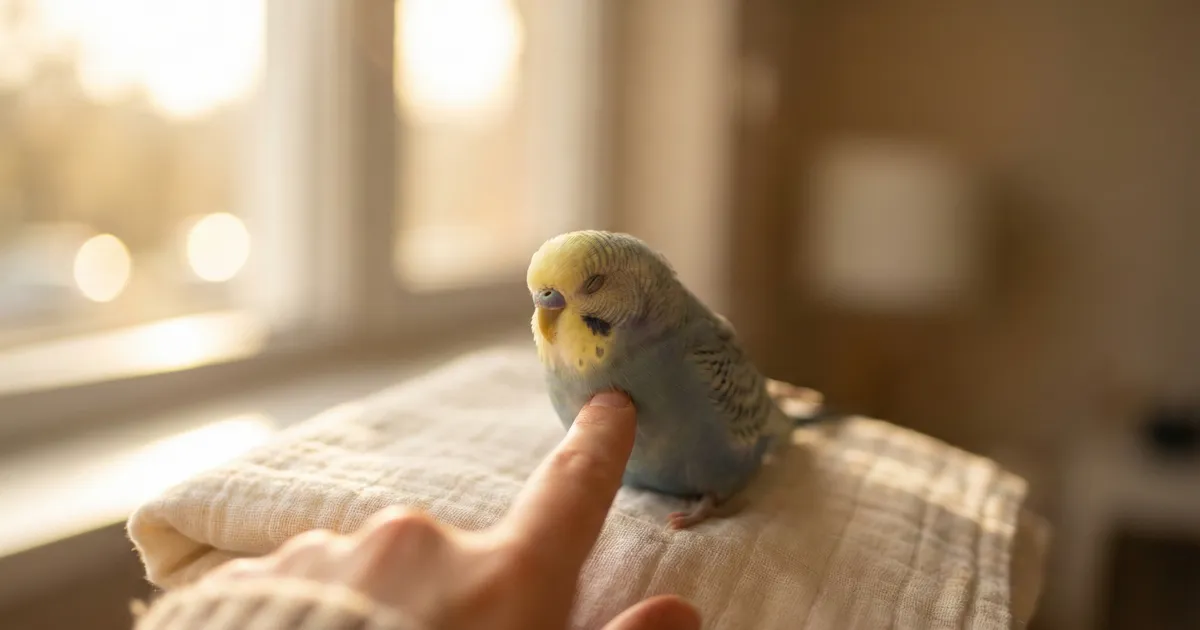 앵무새 죽었을 때 보호자가 작은 새장 앞에서 슬퍼하는 모습