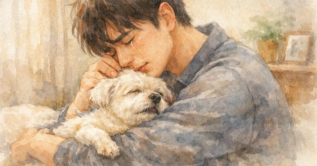 반려동물 장례 절차 전 슬퍼하는 보호자